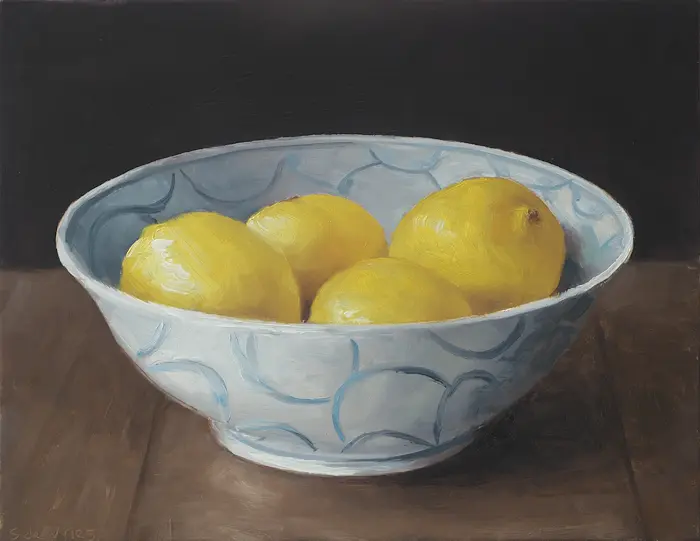 Serge de Vries,Citroenen in een schaal, 245,- 16x20 cm, Oil on panel, unframed