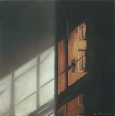 Serge de Vries, Deur met zonlicht, 245,- 17x17 cm, Oil on panel, unframed