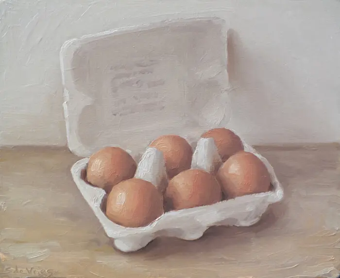 Serge de Vries, Doosje eieren, 295 euro, Oil on panel, unframed, 15x18,5 cm