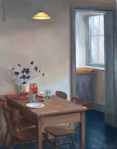 Serge de Vries, Gedekte tafel, Oil on panel, 19x15 cm, €.225,-