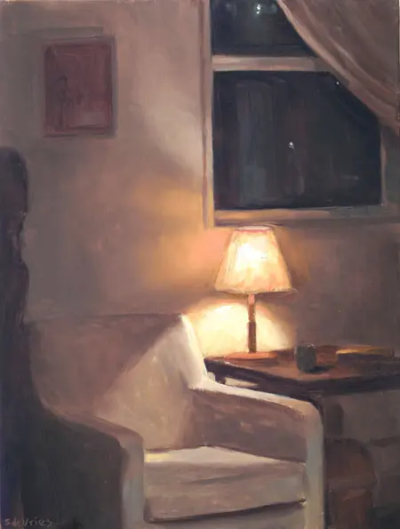 Serge de Vries, Interieur bij avond, 245 euro, Oil on panel (unframed), 20x15 cm