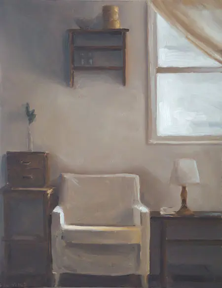 Serge de Vries, Interieur met raam, 245 euro, Oil on panel (unframed), 20x15,5 cm
