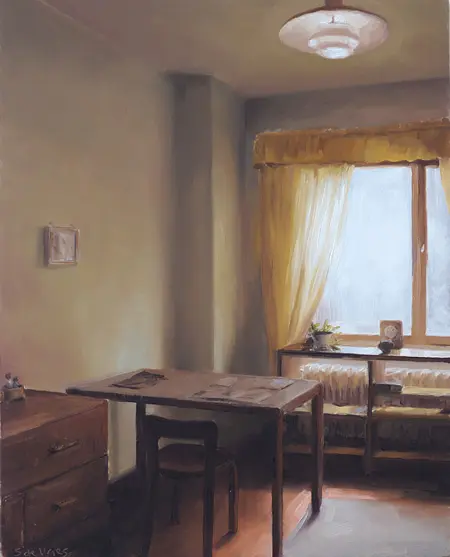 Serge de Vries, Interieur met tafel, Oil on panel, 20x16 cm, €.245,-
