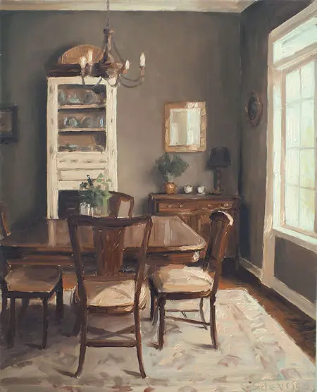 Serge de Vries, Interieur met witte vitrinekast, 350 euro, Oil on panel, unframed, 20,5x16,5 cm