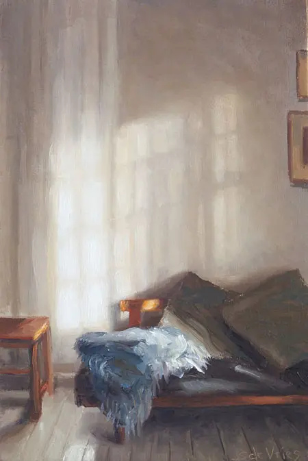 Serge de Vries, Interieur met zonlicht, Oil on panel, 21x14 cm, €.195,-