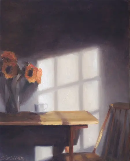 Serge de Vries, Interieur met zonnebloemen en zonlicht, Oil on panel, 18x14,5cm, €.225,-