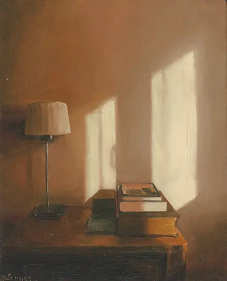 Serge de Vries, Lamp, boeken en zonlicht, 350 euro, Oil on panel, unframed, 20x15 cm