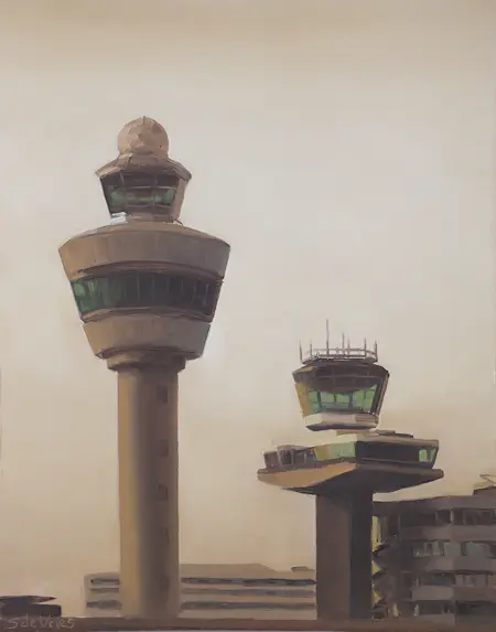 Serge de Vries, luchtverkeerstoren, Oil on panel, unframed, 21,5x17 cm, €.245,-