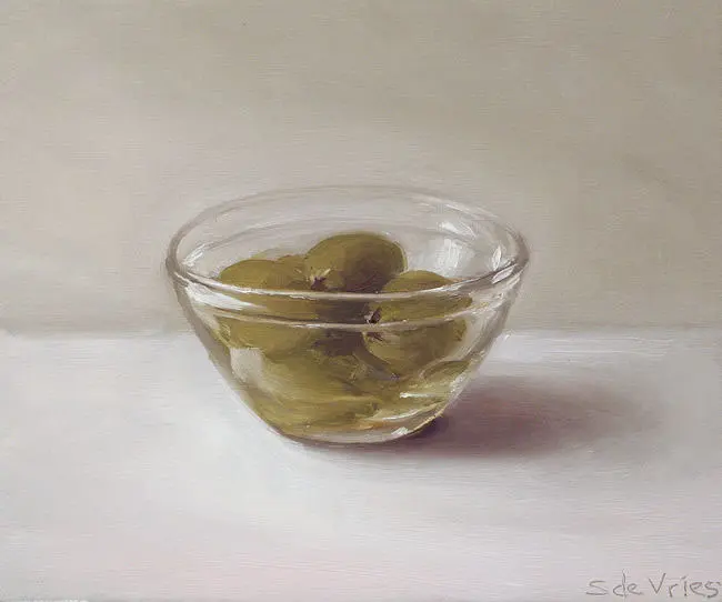 Serge de Vries, Olijven in schaaltje, Oil on panel, 13x16 cm, €.195,-
