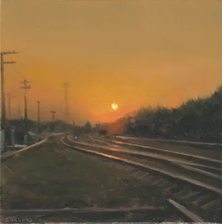 Serge de Vries, Ondergaande zon, 325 euro, Oil on panel, unframed, 17x17 cm