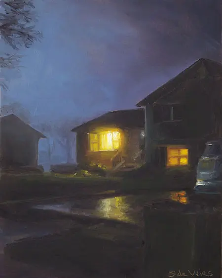Serge de Vries, Oprit in de nacht, Oil on panel, 19x15 cm, €.195,-