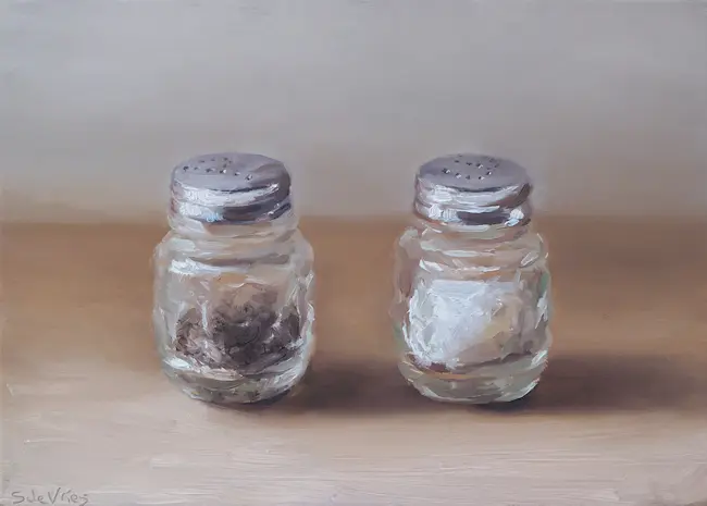Serge de Vries, Peper&Zoutstel, Oil on panel, 12,5x17,5 cm, €.245,-