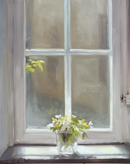 Serge de Vries, Plant en Raam, Oil on panel, 18x14 cm, €.245,-
