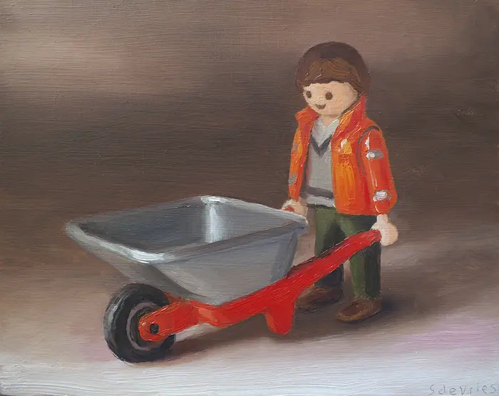 Serge de Vries, Playmobil met kruiwagen, 295 euro, Oil on panel, unframed, 12x16 cm