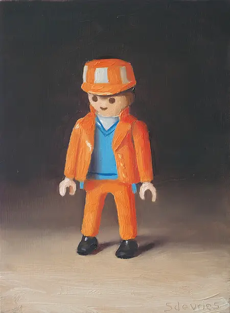 Serge de Vries, Playmobil wegwerker, 295 euro, Oil on panel, unframed, 12x16 cm