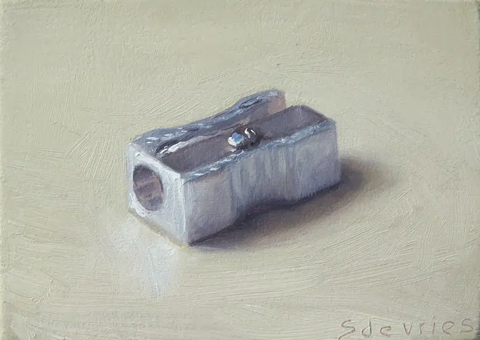 Serge de Vries, Puntenslijper, 100 euro, Oil on panel, unframed, 7x5,5 cm
