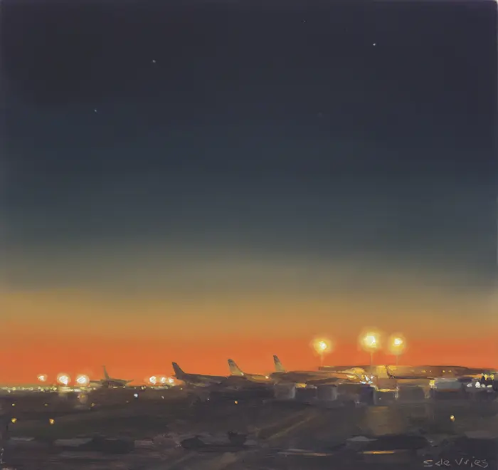 Serge de Vries, Schiphol, Oil on panel, unframed, 17,5x18,5 cm, €.245,-