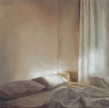 Serge de Vries, slaapkamer in zonlicht 2, Oil on panel, 16x16 cm, €.240,-