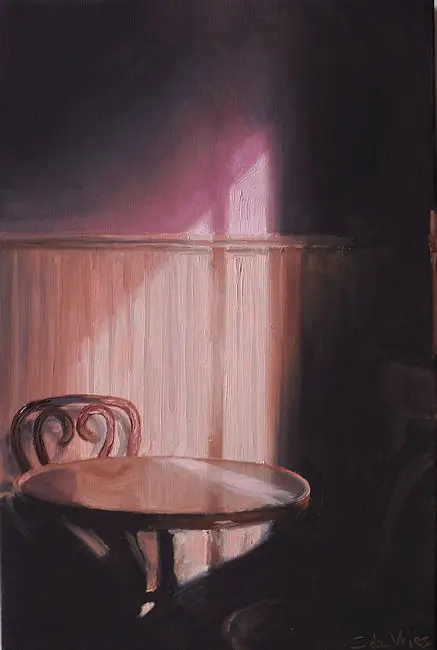 Serge de Vries, SToel en tafel, Oil on panel, 21x14 cm, €.225,-