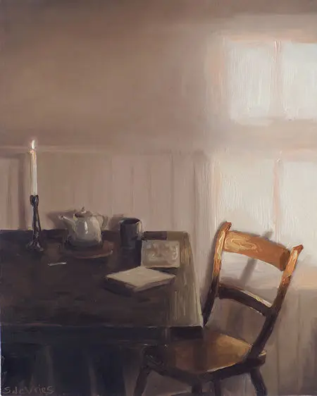 Serge de Vries, Stoel met kaars, 350 euro, Oil on panel, unframed, 19,5x15.7 cm