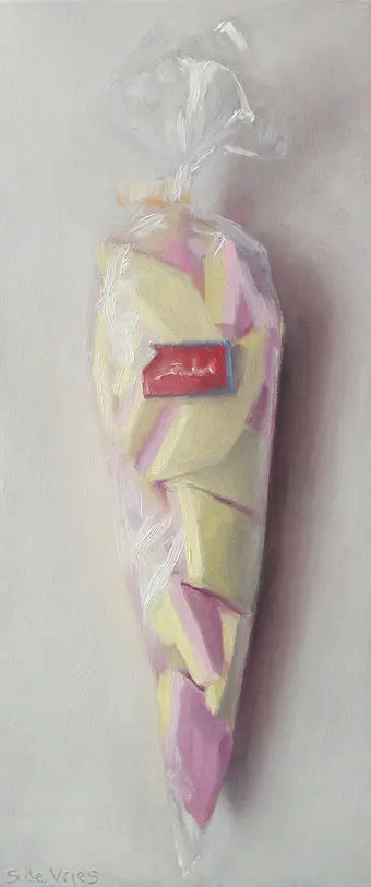 Serge de Vries, Zak met spekjes, Oil on panel, 27x11 cm, €.225,-