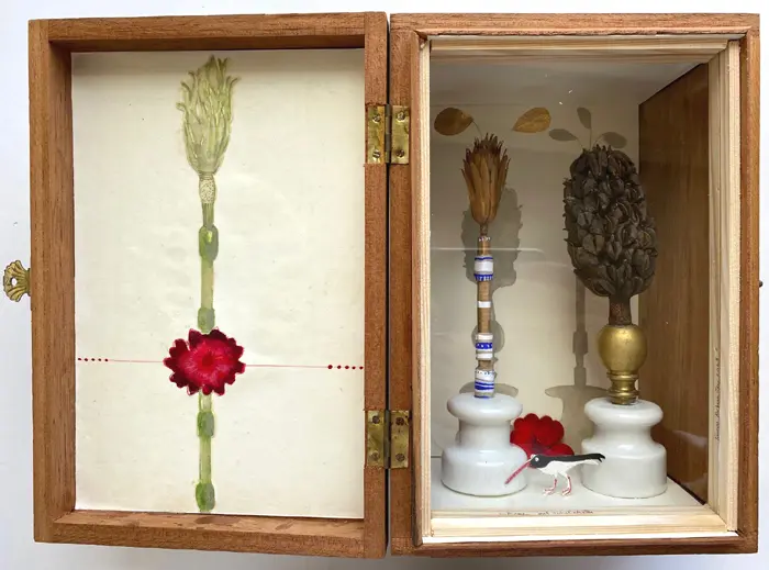 Tamar Rubinstein, 3 bomen met scholekster, 195, Mixed media in box, 24x34 cm cm