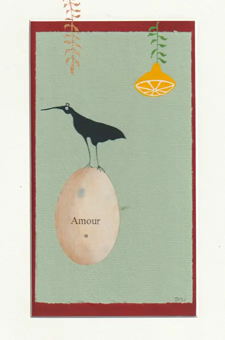 Tamar Rubinstein, Amour 5, Mixed media/collage on paper in wooden frame, 23x17 cm, 150,-