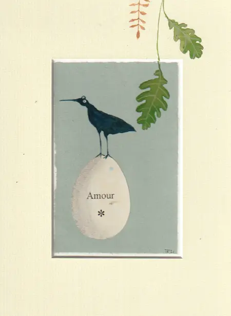 Tamar Rubinstein, Amour 7 met eikenblad, Mixed media/collage on paper in wooden frame, 27x21 cm, €.150,-