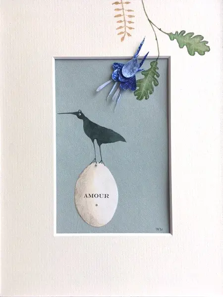 Tamar Rubinstein, Amour met akelei 2 blauw, Mixed media on paper in wooden frame, 27x21 cm, €.150,-