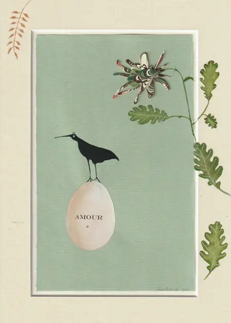 Tamar Rubinstein, Amour met akelei 2 groen, Mixed media on paper in wooden frame, 32x23 cm, €.175,-