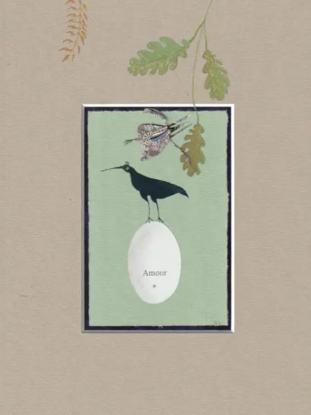 Tamar Rubinstein, Amour met akelei, 165 euro, Mixed media on paper in frame, 32x23 cm