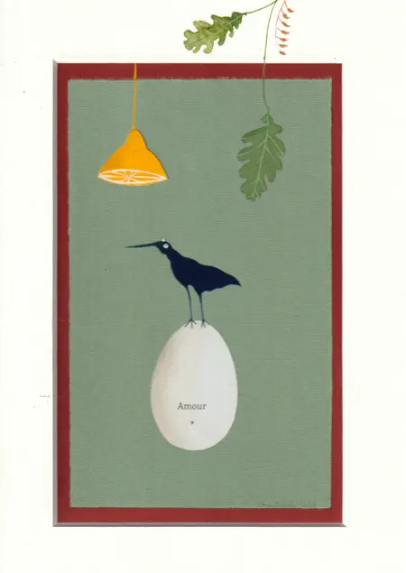 Tamar Rubinstein ,Amour met citroen en eikenblad, 165 euro, Mixed media on paper in frame, 33x24 cm
