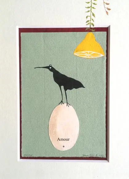Tamar Rubinstein, Amour met Citroen, Mixed media on paper in wooden frame, 26x20 cm