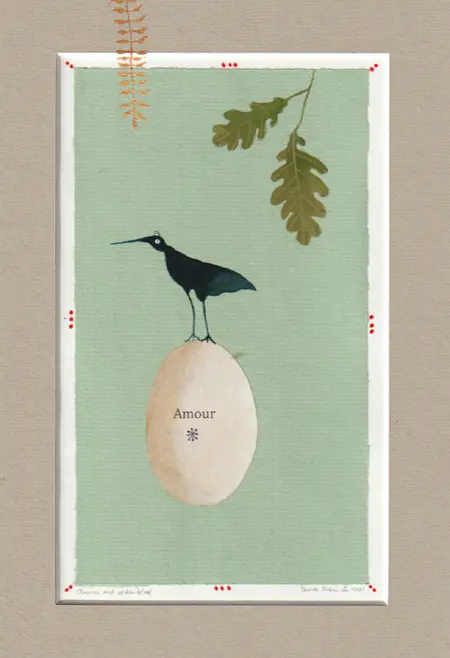 Tamar Rubinstein, Amour met eikenblad, Mixed media and collage on paper in wooden frame, 30x22 cm, €.150,-