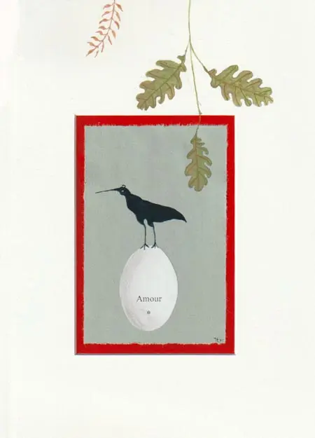 Tamar Rubinstein, Amour met eikenblad, 165 euro, Mixed media on paper in frame, 32x23 cm