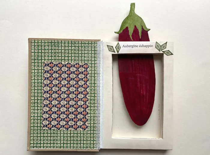 Tamar Rubinstein, Aubergine Echappee, 175 euro, Mixed media in old book, 21x28x3 cm