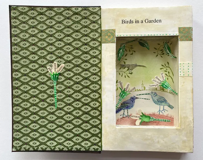 Tamar Rubinstein, Birds in a garden, 185 euro, Mixed media in vintage book (can be hung), 19x33x3 cm
