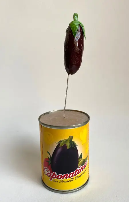 Tamar Rubinstein, Caponata, 125 euro, Mixed media with tomato tin, 5x18 cm