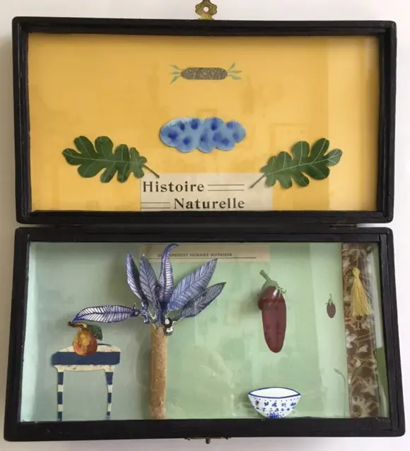 Tamar Rubinstein, Draagbaar landschap histoire naturelle, Mixed media in old cutlery box, 27x29 cm, €.175,-
