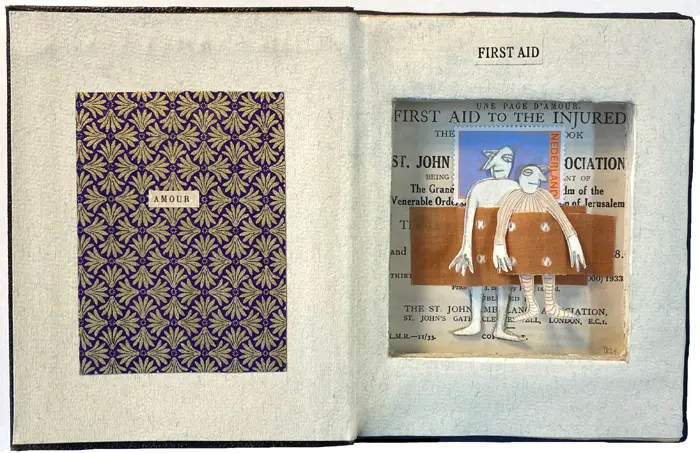 Tamar Rubinstein, First aid to the injured: Love, 150 euro, Mixed media in vintage booklet, 13x21x2 cm