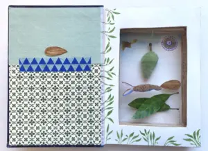 Tamar Rubinstein, Forel met Amandel, 185 euro, Mixed media in vintage book, 20x26x3 cm
