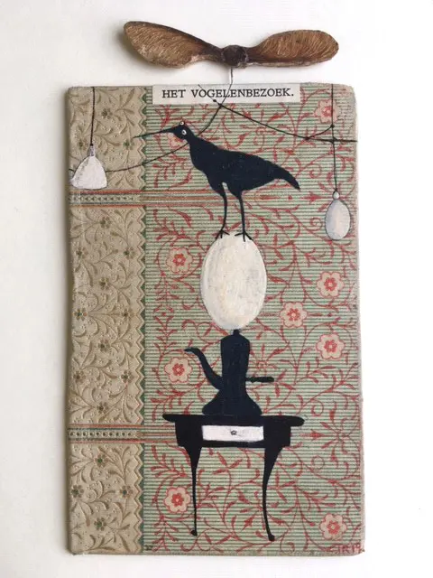 Tamar Rubinstein, Het vogelenbezoek 1, Collage with book cover, 26x22 cm, €.160,-