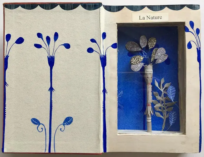 Tamar Rubinstein, La Nature en Blue, 165 euro, Mixed media in old book, 18x24 cm.
