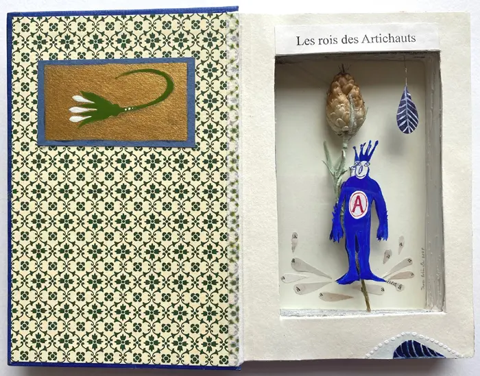 Tamar Rubinstein, Les rois des artichauts, 175 euro, Mixed media in vintage book, 19x26x4 cm