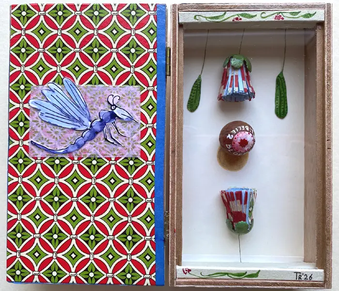 Tamar Rubinstein, Libelle met augurken, 165 euro, Mixed media in cigar box, 15x17x3
