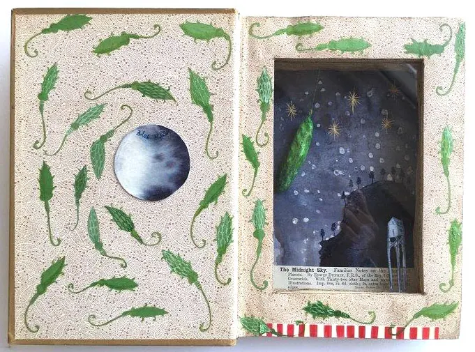 Tamar Rubinstein, Midnight Sky, 170 euro, Mixed media in old book, 19x26 cm