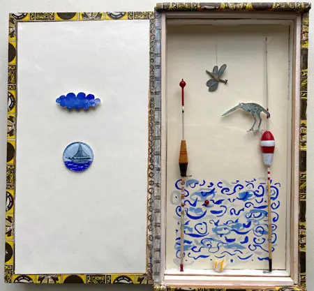 Tamar Rubinstein, Mug en waterlelie aan zee, 225 euro, Mixed media in cigar box, 28x29x3 cm