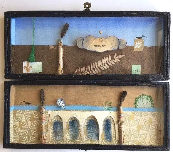 Tamar Rubinstein, Paleistuin met 2 vogels, 175 euro, Mixed media in old cutlery box, 26x22 cm