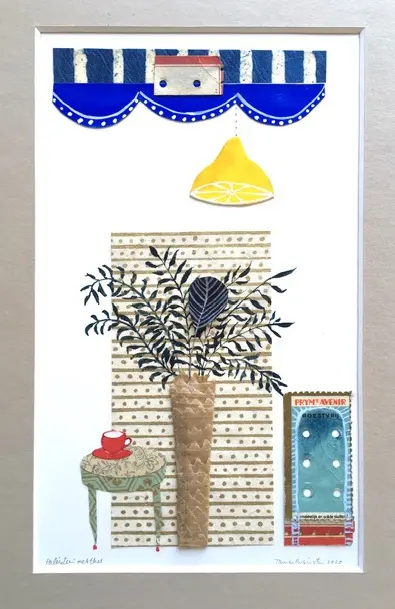 Tamar Rubinstein, Paleistuin met thee, Mixed media in mount and wooden frame, 33x24 cm, €.175,-
