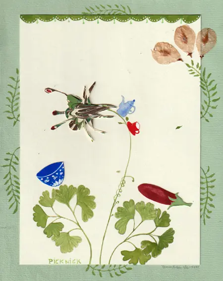 Tamar Rubinstein, Picknick, Mixed media on paper in wooden frame, 27x22 cm, €.150,-